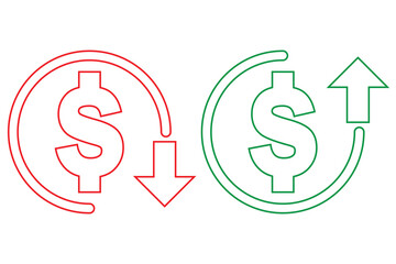 Money increase or decrease icon set. dollar decrease increase symbol. profit and lose signs.
