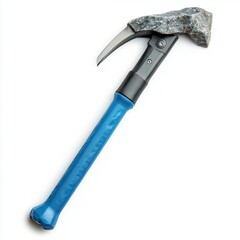 A close-up view of a rock climbing hammer with a blue handle and a stone head, isolated