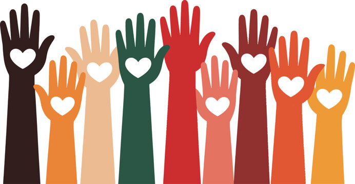 Diverse hands with hearts representing love and unity
