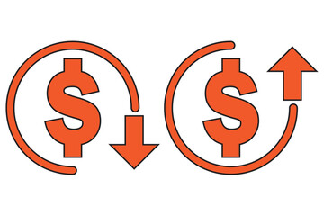 Money increase or decrease icon set. dollar decrease increase symbol. profit and lose signs.