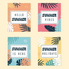 Summer tropical leaves elements decoration in abstract background for seasonal flyers and tags template. Summer tropical poster collection.