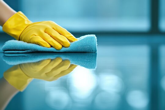 Close-up of gloved hand cleaning glass table with blue microfiber cloth