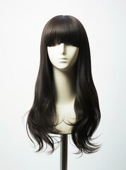 Fototapeta premium Long straight black wig displayed on a mannequin on white background, front view.