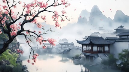 Serene Asian Landscape with Cherry Blossoms