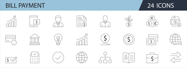 Minimal Line Icons for Bill Payment, Finance, and Banking – 24 Icon Set