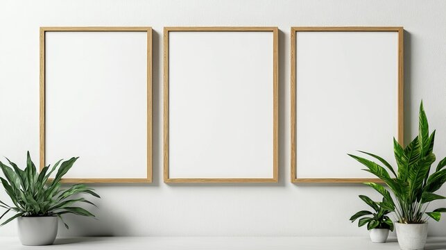 Three Empty Wooden Frames Mockup Minimalist Modern Home Decor Blank Canvas Wall Art Neutral Beige Background Simple Elegant Design Interior Photography Studio Clean Aesthetic      