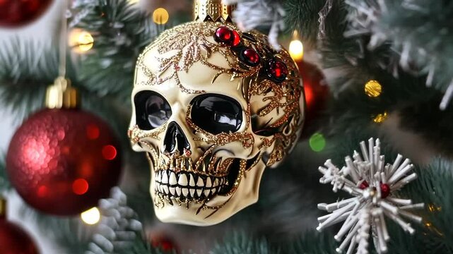 Festive skull ornament on christmas tree with red baubles and pine needles