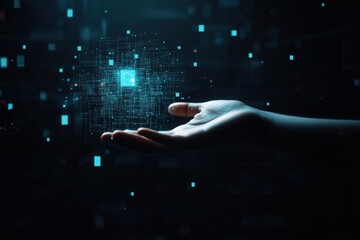 A futuristic hand reaching out to a glowing digital cube amidst a dark, tech-inspired background