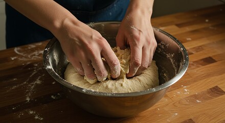 Fototapeta premium Hands Mixing Bread Dough in Stainless Steel Bowl with Flour-Dusted Fingers in High-Resolution Kitchen Photograph Emphasizing Culinary Technique