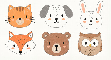 Fototapeta premium Animal face icons drawn in pencil style for children’s books, preschool games and creative stickers