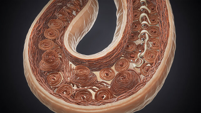 A portion of a cross section of the female parasitic roundworm Ascaris. Magnification: 40X. Image enhanced.