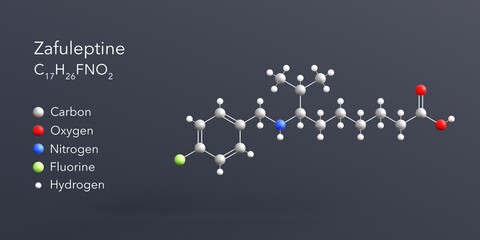 zafuleptine molecule 3d rendering, flat molecular structure with chemical formula and atoms color coding © Сергей Шиманович