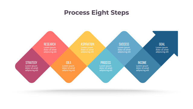 Business infographic template. Timeline chart with eight options, steps. Vector chart.