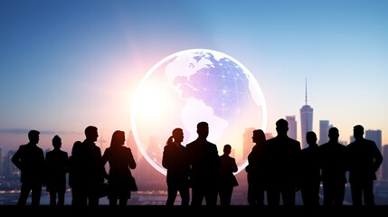 Silhouettes of business people standing in front of a glowing globe and a city skyline, representing global connectivity and digital transformation.