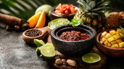 showcasing variety of exotic sauces made from fruits and spices from different cultures.