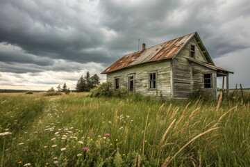 Exploring an old wooden cabin in a overgrown field under an overcast sky evoking nostalgia and loneliness