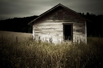 Exploring the quiet solitude of an old wooden cabin in an overgrown field under an overcast sky a nostalgic perspective