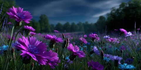 Vibrant wildflower field under a night sky illuminated by soft moonlight