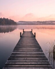 Serene sunrise over foggy lake old wooden dock perspective nature photography calm water reflection tranquil environment