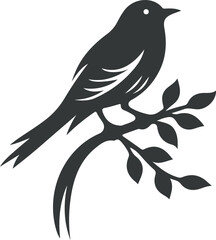Fototapeta premium Black bird sitting on tree branch icon illustration, vector silhouette of a bird.