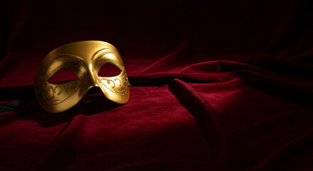 Gold masquerade mask on red fabric, for theater, performance, or party invitation