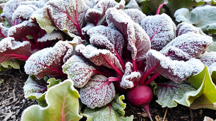 Red beets chard covered in frost and limping down from cold while growing vegetables in late fall.