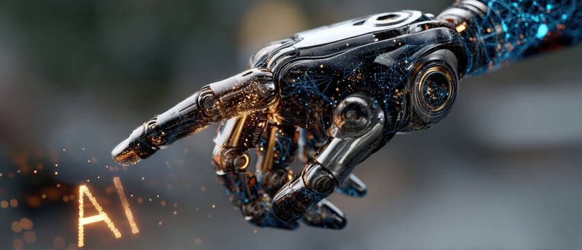 Dark chrome robot hand reaching for ai hologram in digital network