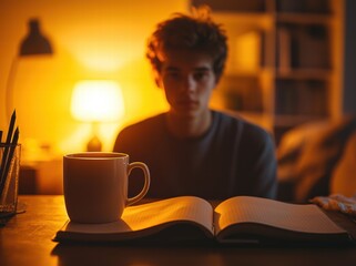 Cozy Study Atmosphere: Young Man with a Book and Coffee in a Warmly Lit Room, blurred image, blurred background 