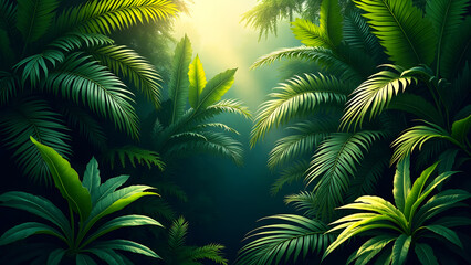Fototapeta premium tropical foliage background overflowing with an abundance of green palm leaves, monstera, banana plants, ferns, and philodendron.
