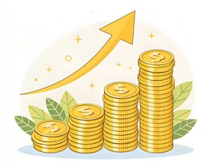 Image of gold coins stacked with an upward arrow symbolizing growth and financial success