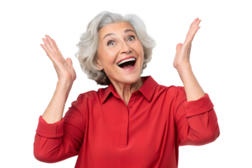 surprise happy senior woman with grey hair and red blowse isolated on white or transparent png
