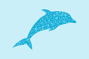Blue silhouette of dolphin filled with colorful sea shells design against a light blue background, used for wallpaper, background, and other decorative purposes.
