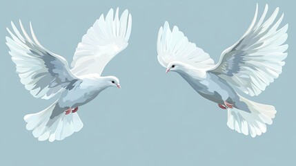 Fototapeta premium Two White Doves in Flight Elegant Graceful Birds Peaceful Symbolism Serene Wings Soaring Freedom Hopeful Sky Background Beautiful Avian Wildlife Nature Illustration Digital 
