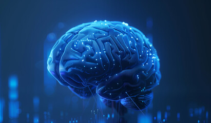 Fototapeta premium Illustration of the human brain with artificial intelligence, a blue glowing background