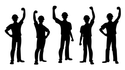 Featuring construction workers with raised fists in celebratory poses