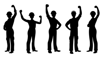 Featuring construction workers with raised fists in celebratory poses