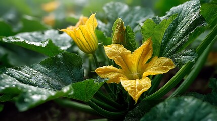 Yellow blossom and foliage with dew drops