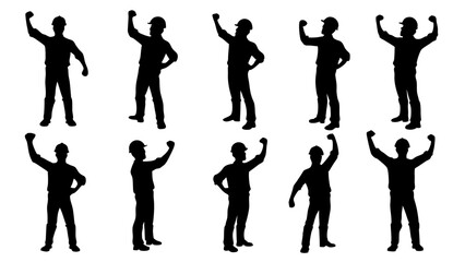 Featuring construction workers with raised fists in celebratory poses