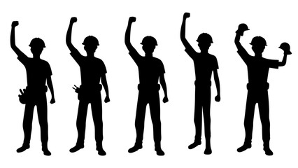 Fototapeta premium Featuring construction workers with raised fists in celebratory poses
