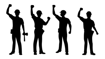 Featuring construction workers with raised fists in celebratory poses