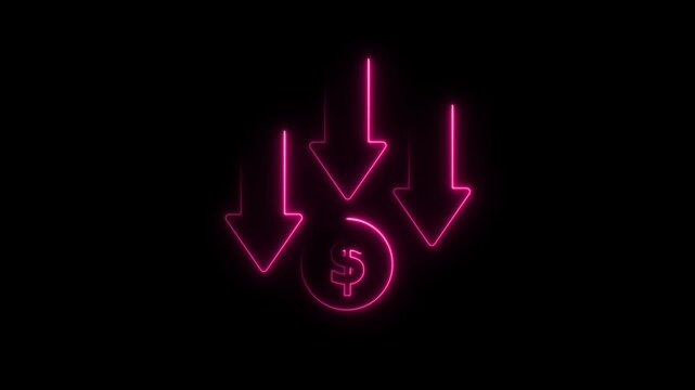 Glowing neon line of dollar sign icon. Dollar rate decrease icon animation . Money symbol with stretching arrow down. Rising prices. Business cost sale icon.