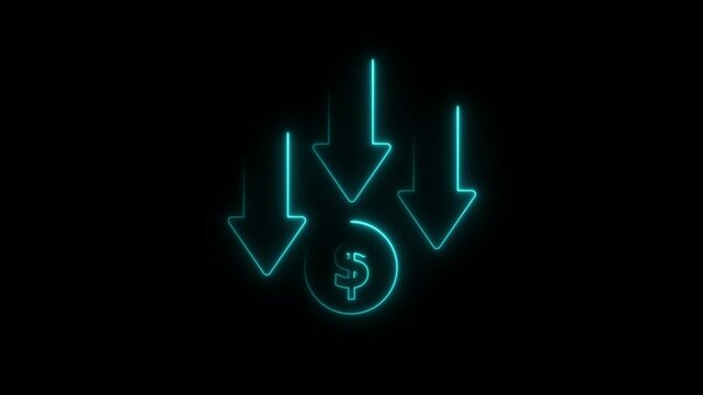 Glowing neon line of dollar sign icon. Dollar rate decrease icon animation . Money symbol with stretching arrow down. Rising prices. Business cost sale icon.