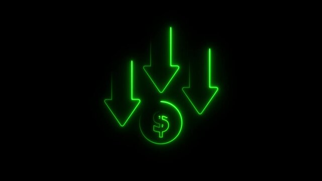 Glowing neon line of dollar sign icon. Dollar rate decrease icon animation . Money symbol with stretching arrow down. Rising prices. Business cost sale icon.