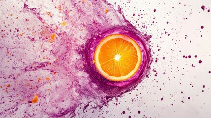Vibrant Orange Slice Splash in Purple Liquid Abstract Food Photography