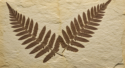 Fern Fossil Embedded in Sedimentary Rock Detailed Fossilized Brown Plant Pattern on Beige Stone Background
