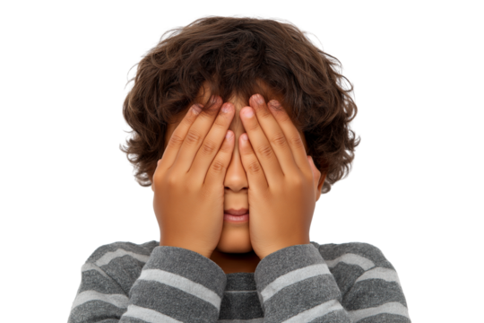 young boy covers his eyes with his hands isolated on white transparent background