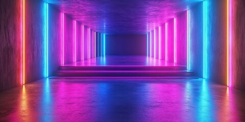 Colorful neon light corridor in a modern urban setting with vibrant hues of pink and blue