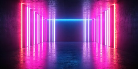 Neon illuminated corridor with vibrant lights creating an electrifying atmosphere in a dark space