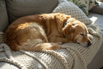 Obraz premium Sleeping dog on a cozy blanket in a sunlit living room warm and inviting atmosphere captured from a relaxed angle