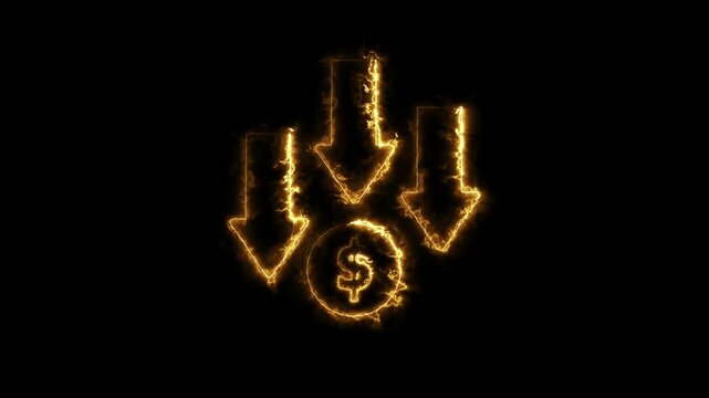 Glowing neon line of dollar sign icon. Dollar rate decrease icon animation . Money symbol with stretching arrow down. Rising prices. Business cost sale icon.